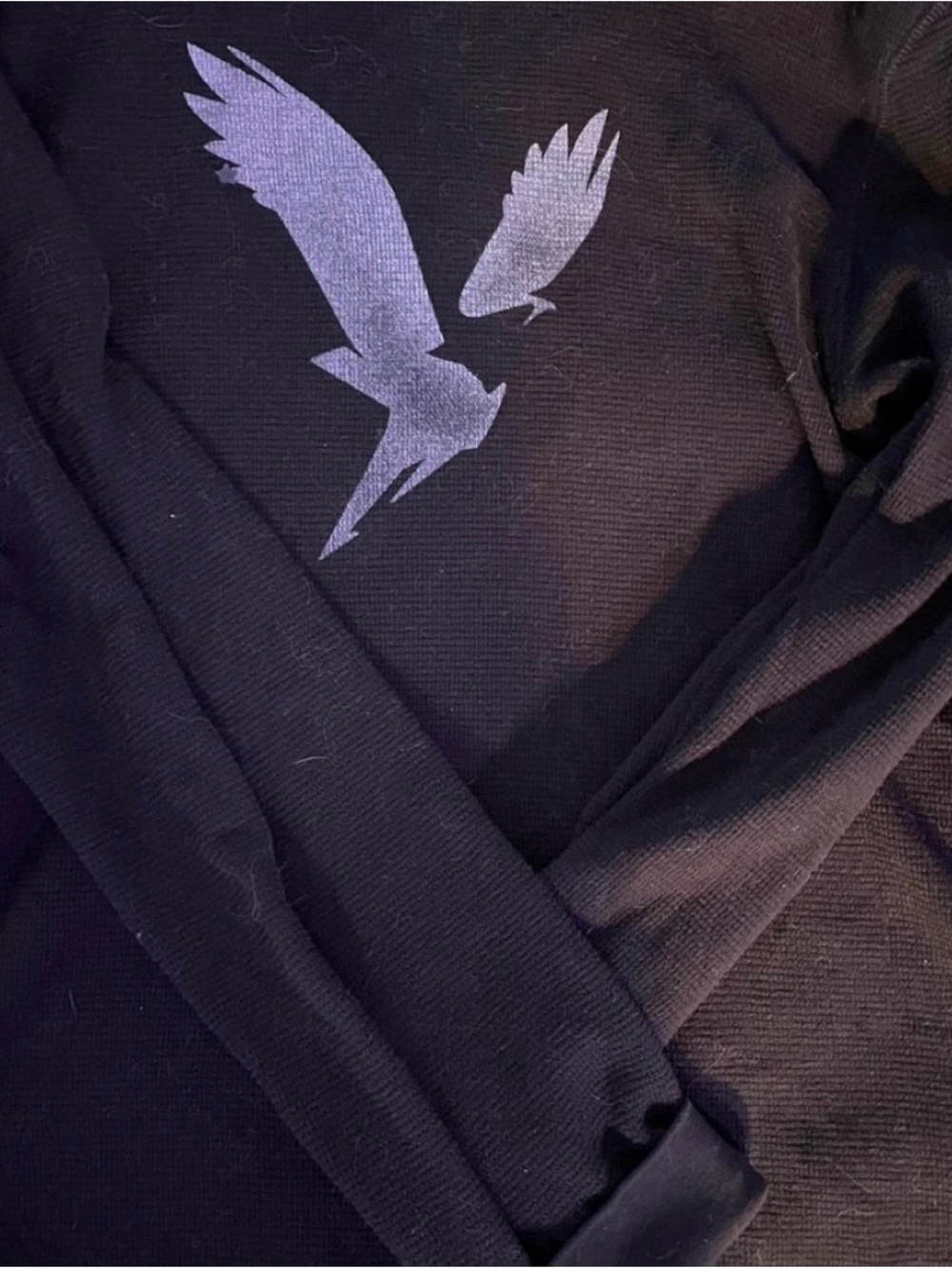 American Eagle Outfitters Black Crewneck Sweater with Purple Bird Graphic